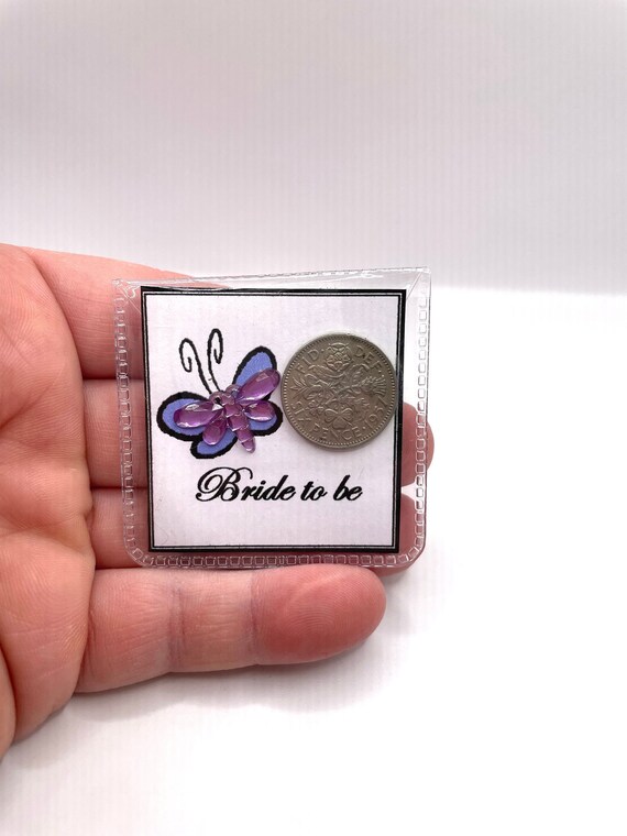 Bride to be lucky sixpence coin for luck and her shoe something old butterfly design in choice of colours and organza bag hen night wedding