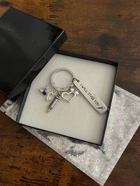 Personalised Initial Letter NURSE Fun Novelty Key Chain Set I will St** You Syringe Charm Rhinestone Crystals Heart With Nurses Hat Graduate