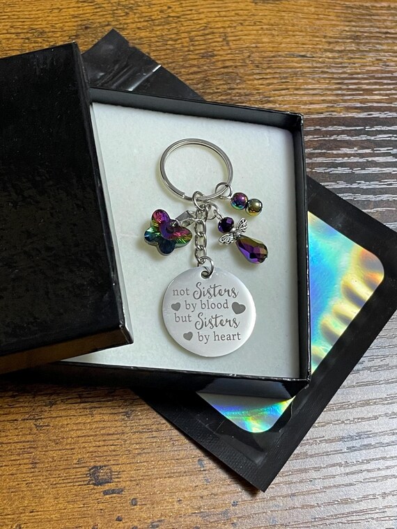 Not Sisters by blood but Sisters By Heart Keepsake Keyring Charm Set Crystal Rainbow Butterfly Angel Gift Box Or Bag Best Friend Forever
