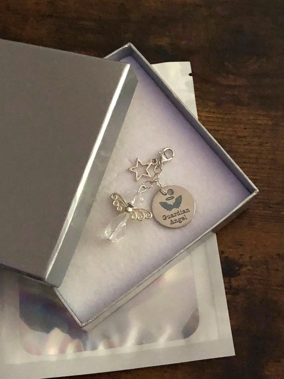 A guardian angel charm for anyone crystal angel large rhinestone lobster clasp, good luck or memory keepsake gift hearts wings gift boxed