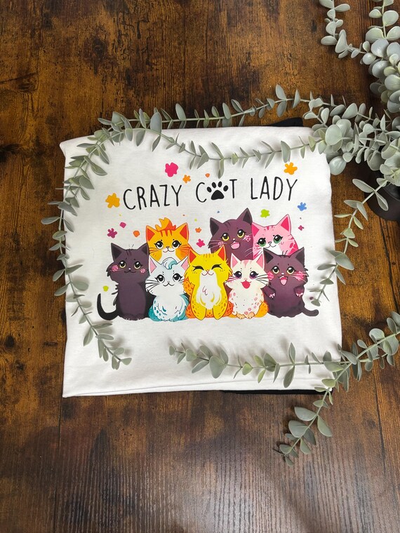 Crazy Cat Lady Printed T Shirt Different Cat Cartoon Pictures Fun Quirky Novelty Pet Lover Gift Vinyl Heat Transfer Paw Prints Colourful
