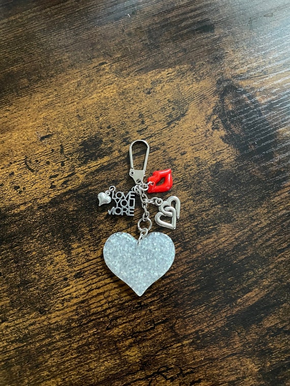 Love you more key ring or bag charm keepsake gift birthday valentine double hearts lips glitter colours gift boxed quirky fun any occasion