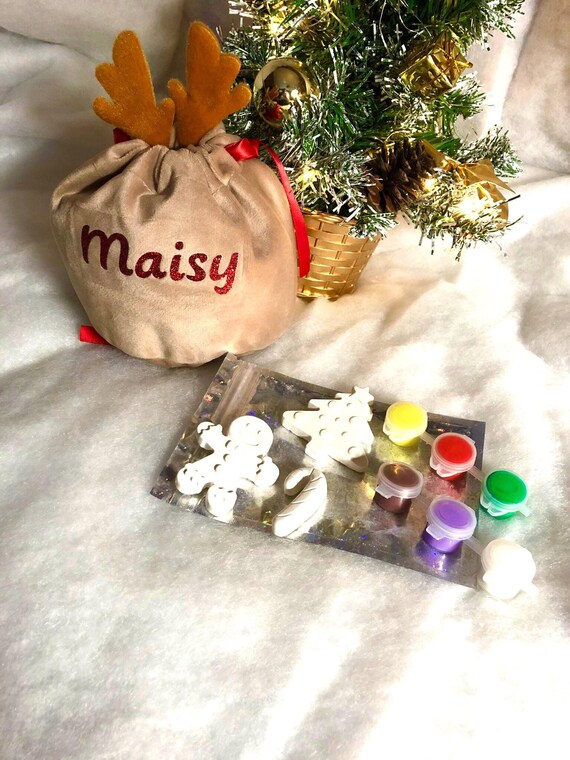 PERSONALISED Any Name Christmas Eve Gift Reindeer Bag Paint Sets Candy Cane Tree Gingerbread Man Velvet Great Extra Xmas Eve Box