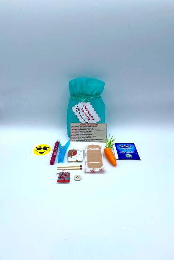CHRISTMAS EVE Survival Kit Fun Novelty Gift Xmas Present Greeting Cards Unique Quirky Colour Organza Bag Crayon Peg Carrot Wrapping Paper