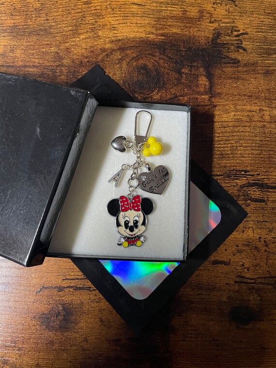 PERSONALISED Initial Letter Baby’s First 1st Birthday Baby Minnie Key Ring Charm Pendant Beads Hearts Gift Box Or Bag Keepsake Fun Boy Girl