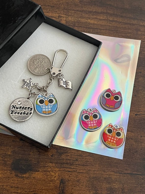 LUCKY SIXPENCE Coin Thanks teacher assistant nursery key charm set owl in colours stars apple abc charms gift boxed end of term christmas