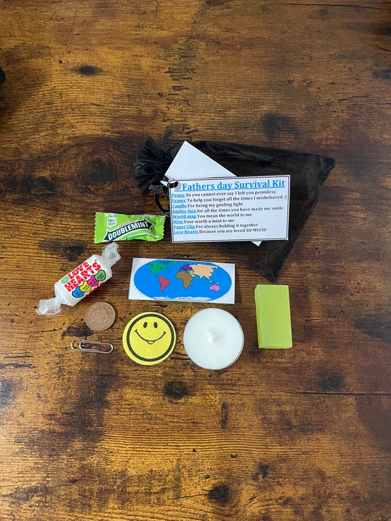 Happy Fathers Day Fun Novelty Survival Kit With Funny Meanings Penny Smiley Face Organza Bag Love Hearts Carded Gift World Map Quirky Dad