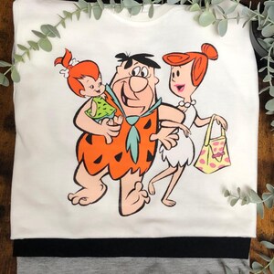 Fred Flintstone And Family Heat Transfer Vinyl Printed White T shirt 80s Retro Cartoon Character Wilma Pebbles Colourful Top Quirky Unique