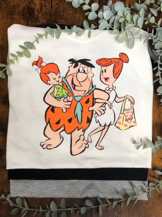 Fred Flintstone And Family Heat Transfer Vinyl Printed White T shirt 80s Retro Cartoon Character Wilma Pebbles Colourful Top Quirky Unique