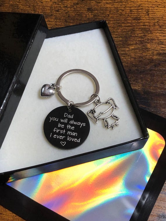 DAD My First Man I Ever Loved Engraved Key Ring Charm Set Hearts Girl Gift Boxed Bag Any Occasion Keepsake Quirky Fun
