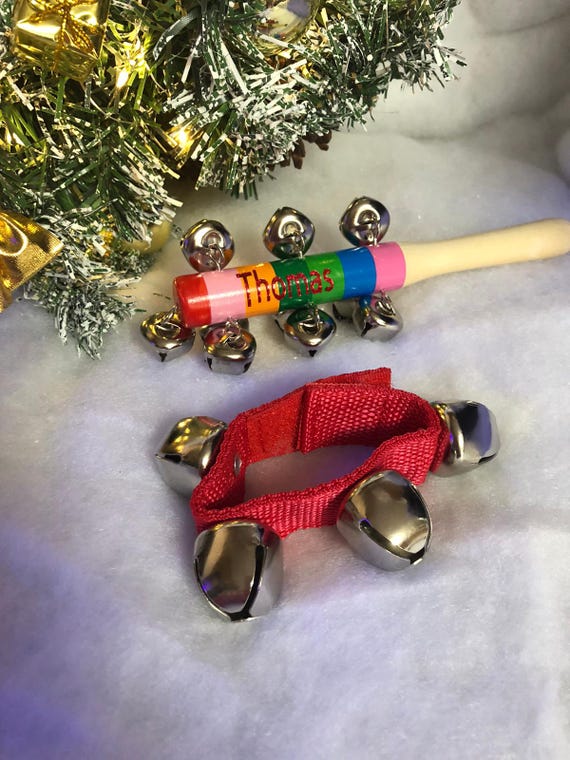PERSONALISED Hand Held jingle bell Wand And Wrist Band Style Set Any Vinyl Printed Name Added Keepsake Christmas EvE Box Present