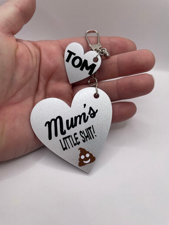 Mum’s Mummy’s Little Shit etc PERSONALISED Hearts key ring or bag charm keepsake gift child children’s names black white colour Keepsakes
