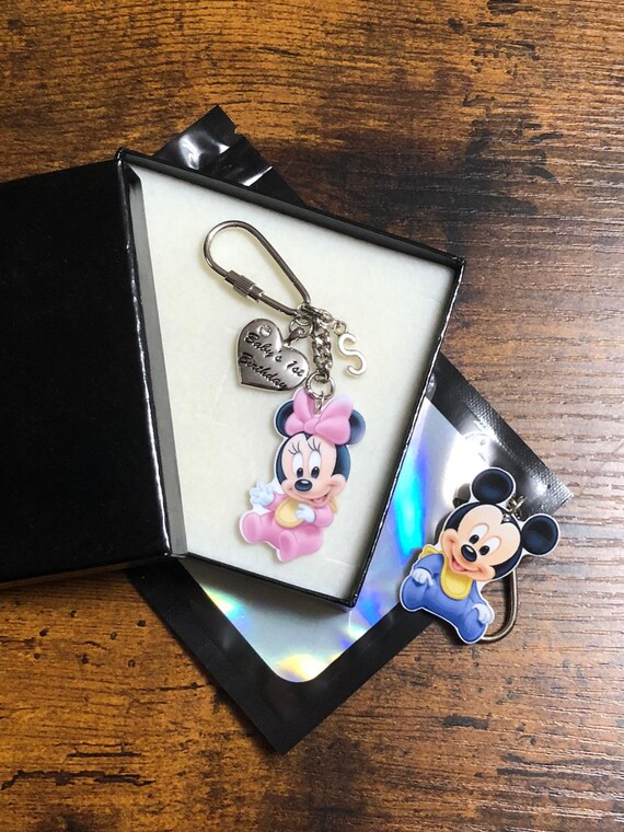 Personalised Initial Charm Baby’s First Birthday Or Happy Birthday Disney Inspired Mickey Minnie Key Charm Pendant Keepsake Gift Box Bag