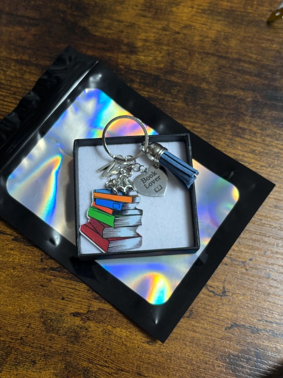 Personalised Initial Letter Book Lover Key Ring Charm Set Books Tassel Heart Gift Box Shimmer Bag Fun Novelty Keepsake Any Occasion Anyone