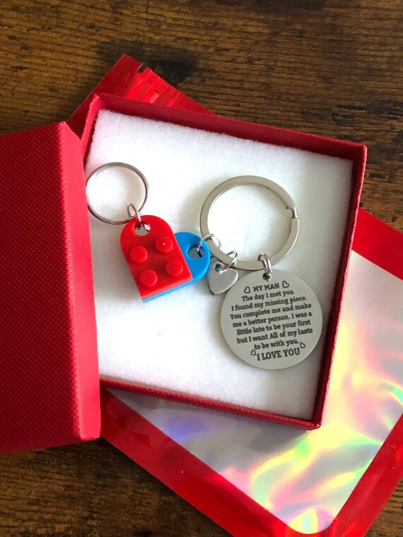 My Man Engraved Key Charm Poem Lego Pieces Heart Shape His Hers Fun Novelty Keepsake I Love You Gift Box Bag Valentine Birthday Red Blue Set