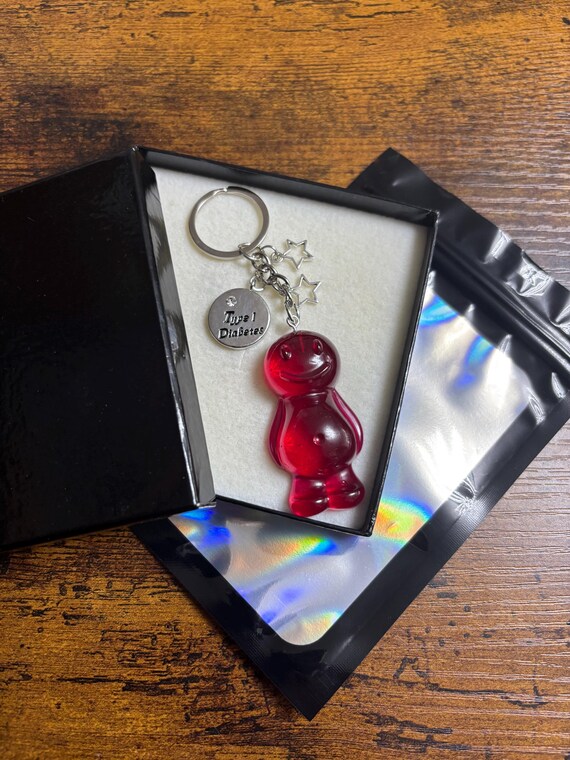 Type 1 one diabetes key ring bag charm pendant keepsake gift with jelly baby in many colours and stars, comes gift boxed novelty quirky fun