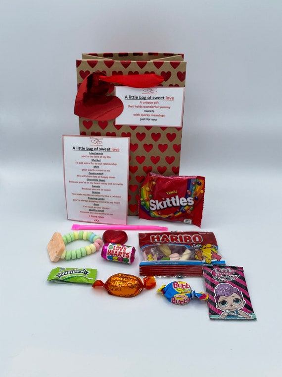 LOVE OR HATE Sweets Gift Set With Quirky Meanings Fun Novelty Survival Kit Valentine Birthday Gift Bag Poem Card Popping Candy Watch Hearts