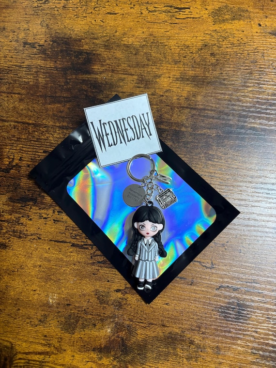 Personalised Initial Letter WEDNESDAY Nevermore Academy Est 1791 Keyring Charm Set TypeWriter Shimmer Bag Fun Quirky TV Series Inspired Gift