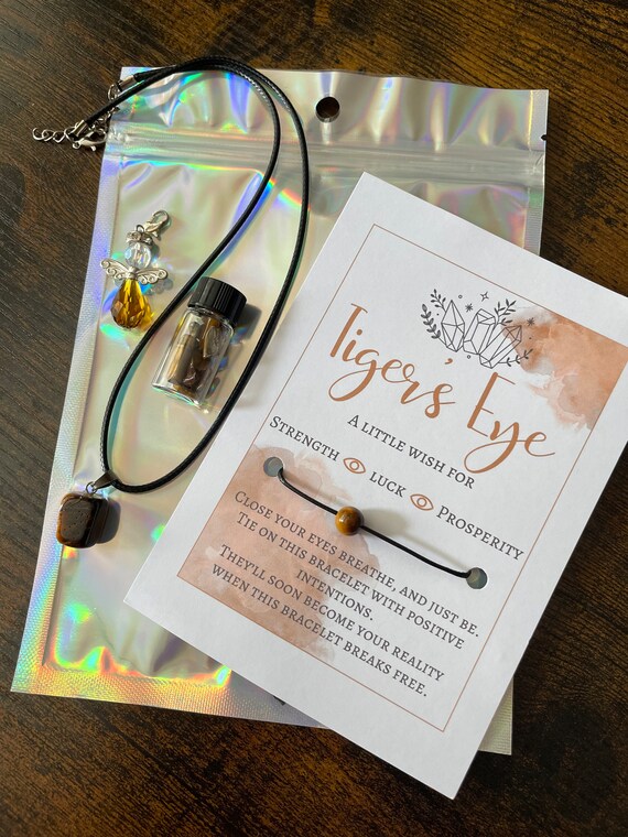 TIGERS EYE A Little Wish Set for Strength Luck Prosperity Crystals Angel Rocks Necklace bracelet Gift Bag Positivity Keepsake Gift Birthday
