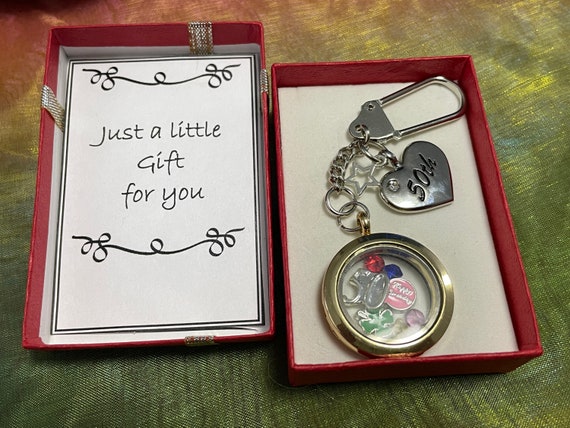 Personalised Memory locket for 50th birthday keepsake key ring charm set gift boxed hearts clover smiley face diamond shape crystals