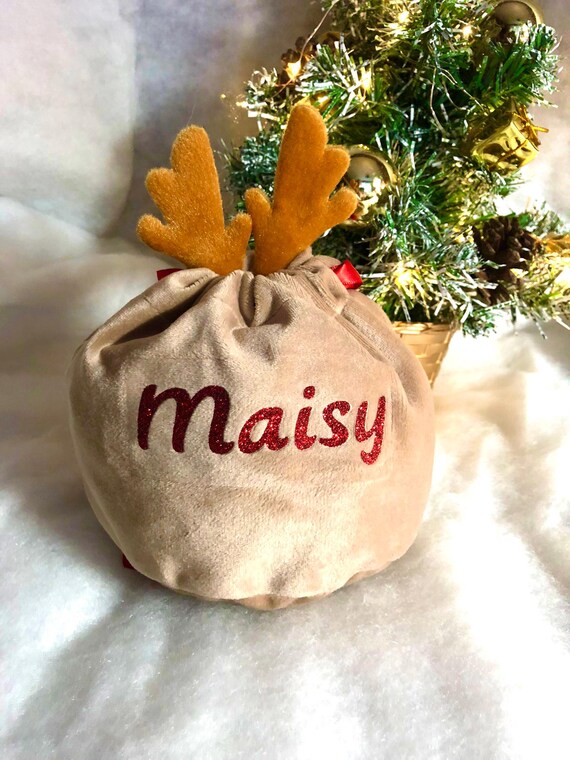 PERSONALISED NAME REINDEER Santa Sack Christmas Eve Gift Bag Red Brown Antlers Fun Rudolph Ribbon Glitter Vinyl Print Family Member Keepsake