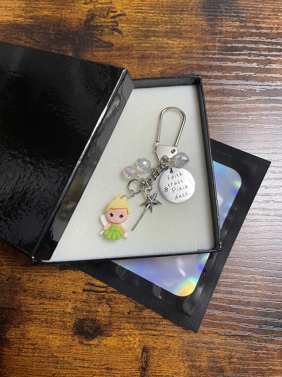 Faith Trust & Pixie Dust Tinker Belle Inspired Disney Film Key Ring Charm Or Bag Pendant Fairy Wand Beads Gift Box Or Bag Fun Novelty Quirky