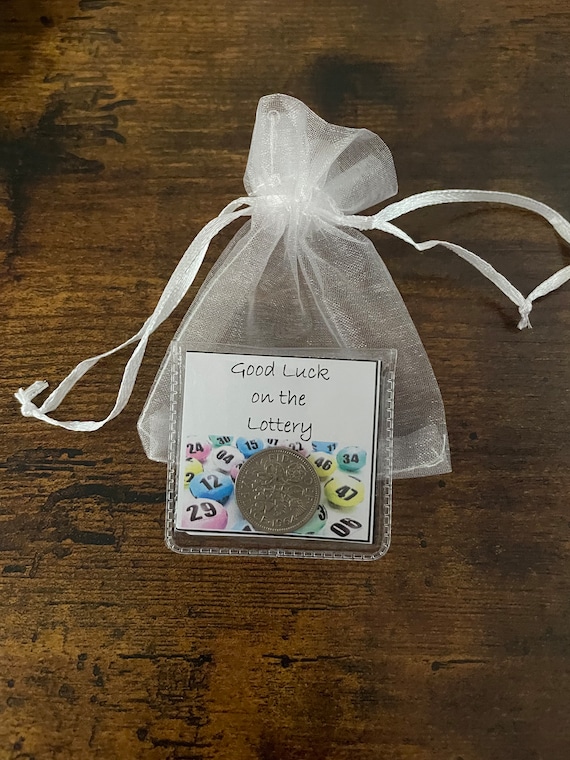 GOOD Luck on the LOTTERY lucky sixpence coin keepsake pouch to put inside wallet or purse pocket quirky fun gift with organza bag bonus ball