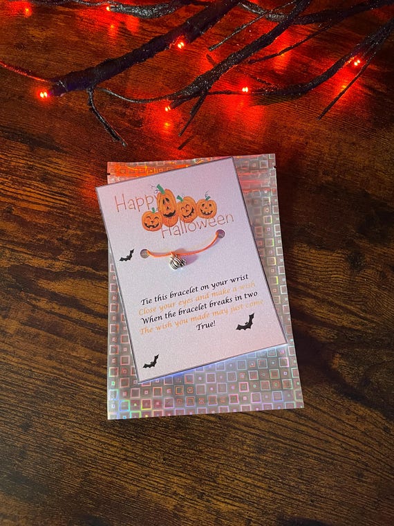 HALLOWEEN Make A Wish Bracelet Orange cord silver Pumpkin gift card poem gift bag trick or treat gift keepsake fun tie on wrist party bag