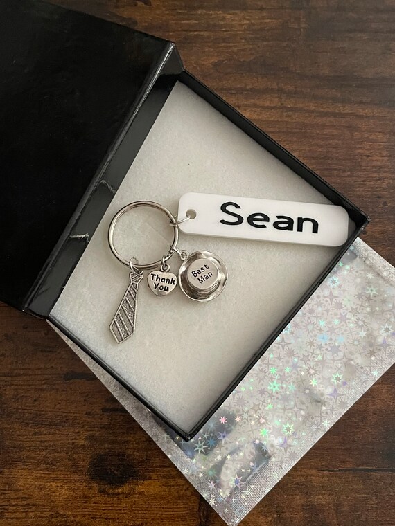 PERSONALISED Name WILL YOU Be Our Best Man Usher Pageboy Key Ring Charm pendant Top Hat Tie Star Gift Box Bag Surprise Asking Any Message