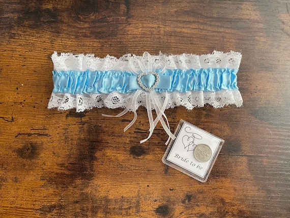 Blue White Garter For Bride To Be Lucky Sixpence Coin Traditional Poem Wedding Day Gift Something Blue Shimmer Gift Bag Hen Party Keepsake