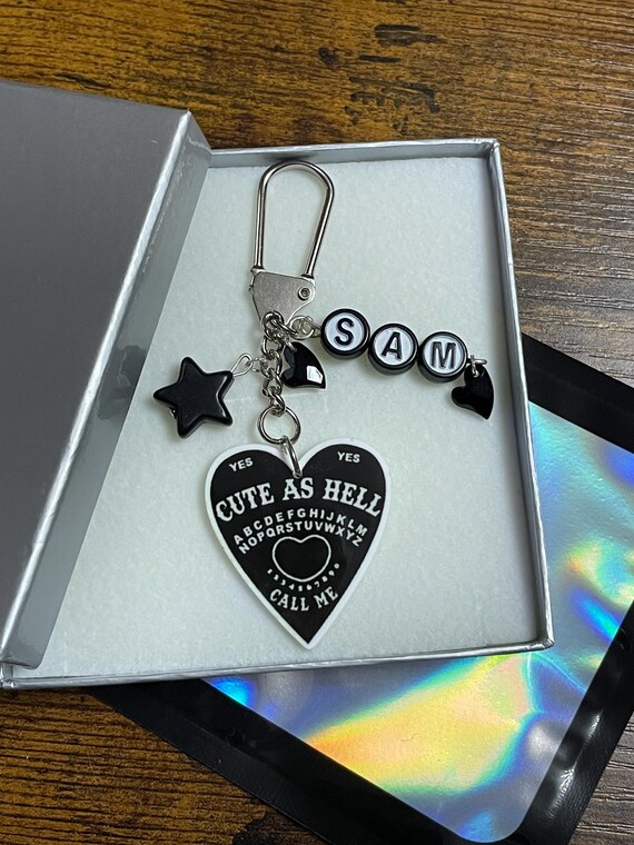 PERSONALISED BEAD Any Name Cute As Hell Key Ring Charm Or Bag Pendant Set Ouija Planchette Spooky Style Black Hearts And Star Black White