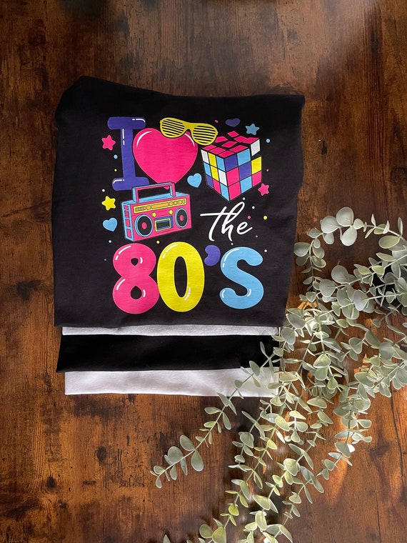 I LOVE THE 80S Vinyl Printed T-Shirt Bright Colours Party Fun Novelty Keepsake Quirky Festival Wear Neon Rubik’s Cube Mens Women's Sizes
