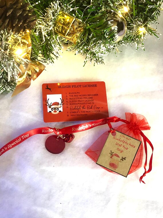 Lost Rudolph Tag With Jingle Bell And Ribbon And Lost Licence Gift Bag From Santa’s Sleigh Christmas Eve Outside The Door