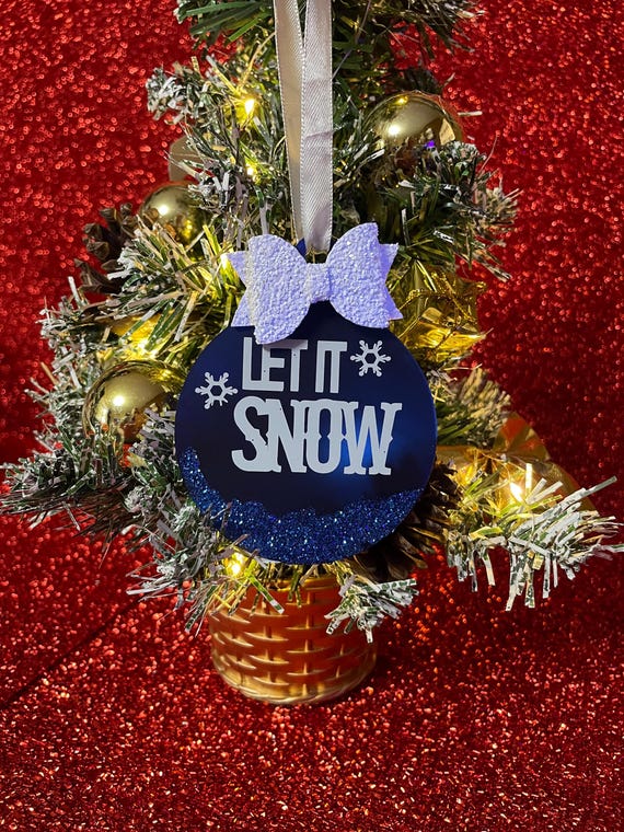 LET IT SNOW Christmas Tree Decoration Bauble Circle Acrylic In Blue Glitter Bow Gift Bag Gift Snowflakes Vinyl Prints Ribbon