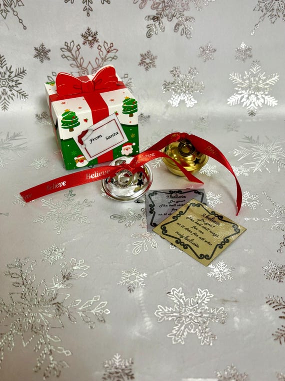 SANTA Reindeer Lost Polar Express Inspired Jingle Sleigh Bell Silver Or Gold Believe Stripe Box Bow Christmas Eve Under Tree Gift Keepsake