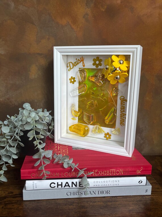 Broken Branded Perfume Bottle Wall Art Frame Gift Set Daisy Sunshine In Two Styles Recycled Handmade Pop Art Resin Made Yellow Colours