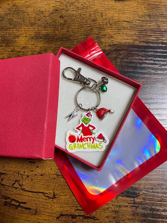 Personalised Initial Letter GRINCH Merry Christmas Key Ring Charm Gift Box Bag Secret Santa Jingle Bells Santa Hat Clasp Bah Humbug Novelty