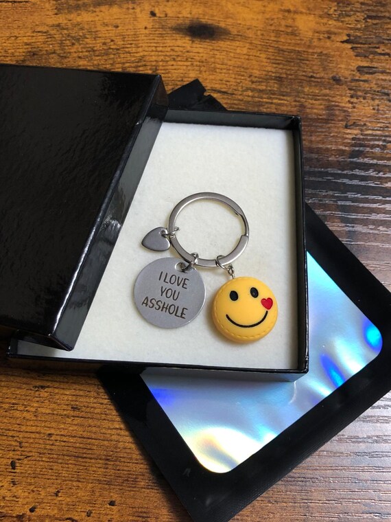 I Love You A**HOLE Emoji Face Key Ring Charm Rude Quote Fun Novelty Gift Valentine Birthday Any Occasion Gift Box Shimmer Bag Quirky Retro