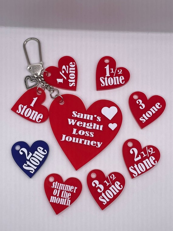 Personalised Name Vinyl Print Weight Loss Journey Key Ring Charm Set Hearts Stone Award Slimming Fun Novelty Gift Boxed Slimmer Of The Week