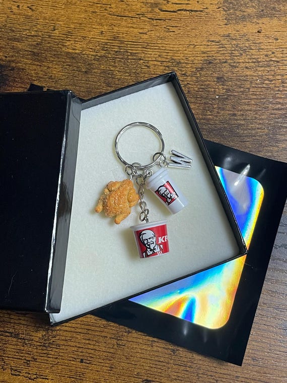 PERSONALISED Initial Letter Fried Chicken KFC Inspired Key Ring Charm Bucket Drink Fun Novelty Keepsake Gift Fast Food Lover Any Occasion
