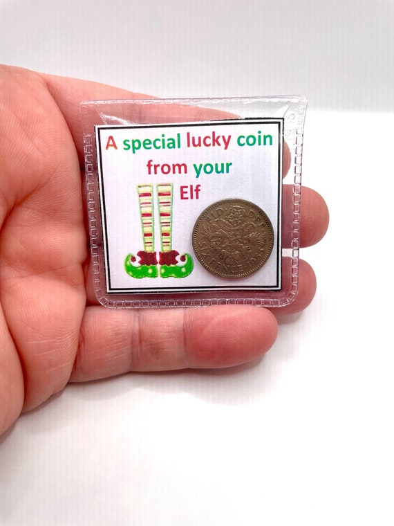 A special lucky coin from your elf, a lucky sixpence coin in a organza bag gift to see if your being good Christmas wishes personalise tag