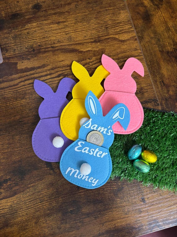PERSONALISED Name Bunny Rabbit Money Wallet Coins Notes Easter Fun Gift Shimmer Gift Bag Bunny Fluffy Tail Heat Vinyl Printed Keepsake Fun