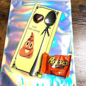 Longue cuillère fantaisie en acier inoxydable Bout to Stir Some SH*T, chocolats, pochette scintillante sur carte, cadeau original et amusant pour toutes les occasions