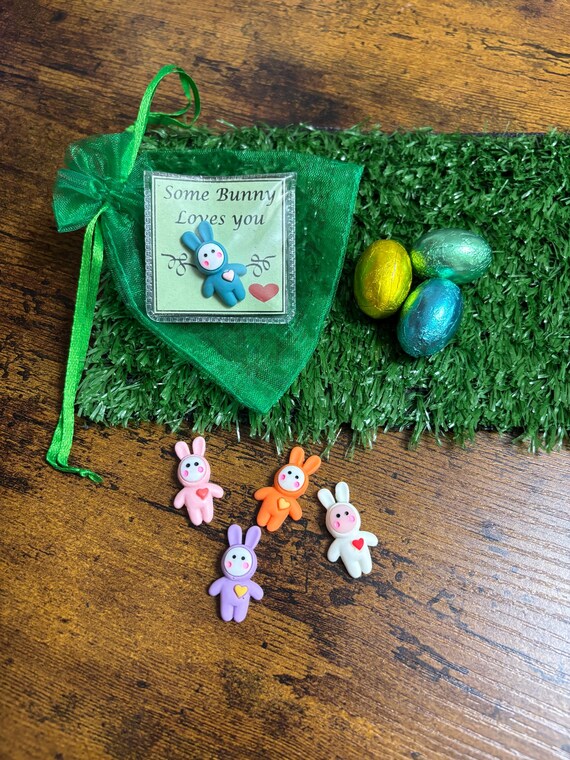 EASTER Pocket Hug Some Bunny Loves You Someone Special Keep In Wallet Purse Rabbit Heart Gift Pouch Set Keepsake Quirky Fun Organza Bag