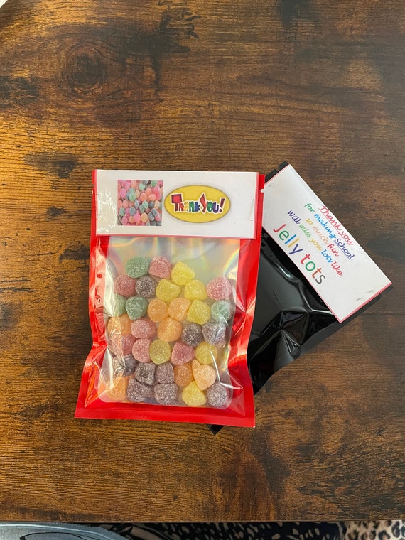 Thank You Teacher JELLY TOTS Sweets quirky novelty gift 2 X 28g small packets In One Bag Rainbow Carded End Of Term Christmas Shimmer Bag