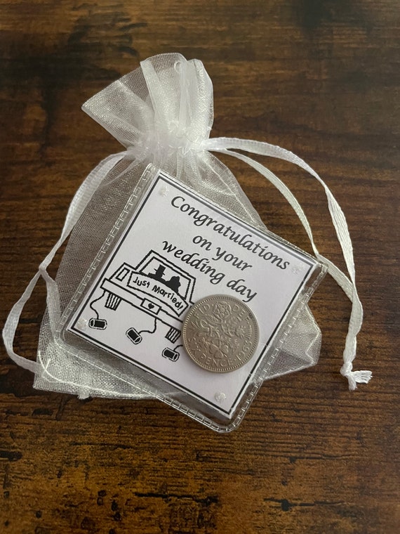 Congratulations on your WEDDING DAY lucky sixpence coin good luck in the future gift for card gold silver white organza bag keepsake quirky