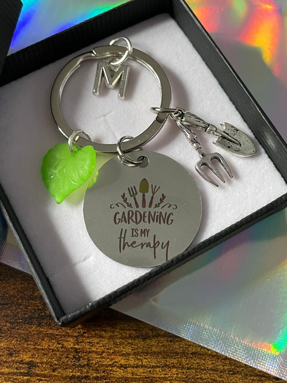 GARDENING Is My THERAPY Personalised Initial Letter Key Bag Charm Leaf Tools Handy Man Mum Nan Dad Worker Fun Novelty Keepsake Any Occasion
