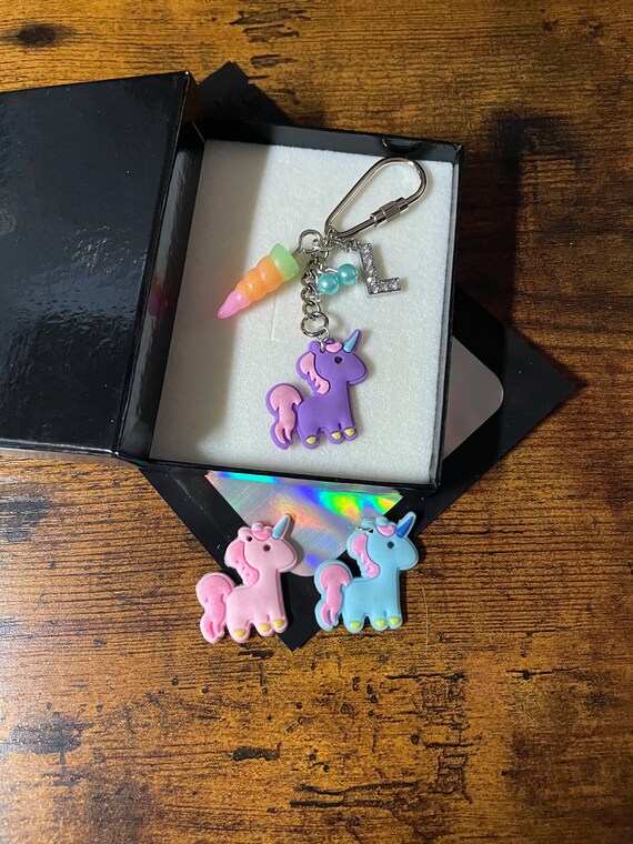PERSONALISED Rhinestone Initial Letter Name Unicorn Beads Horn Key Ring Charm Pendant Keepsake Gift Box Bag Set Magical Believe Colourful