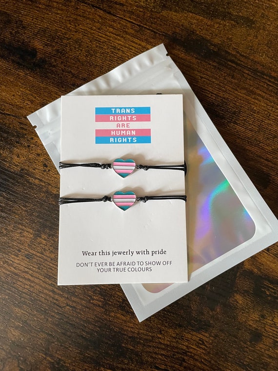 Trans Rights Are Human Rights LGBTQ TWO Wish Cord Heart Bracelets Pink Blue Gift Bag Loved One Keepsake Gay Pride Metal Leather Look Style
