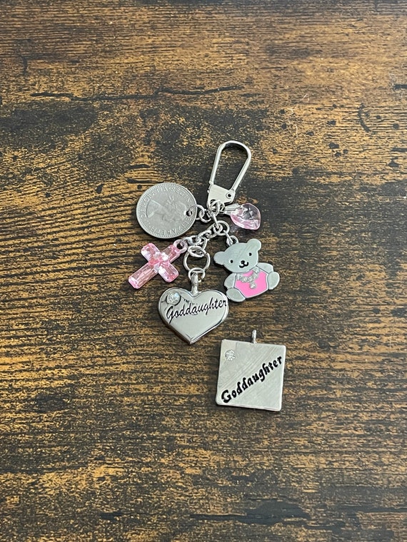 GODDAUGHTER lucky sixpence keepsake key charm pendant set pink cross rhinestone teddy bear pink heart ribbon gift box poem christening coin